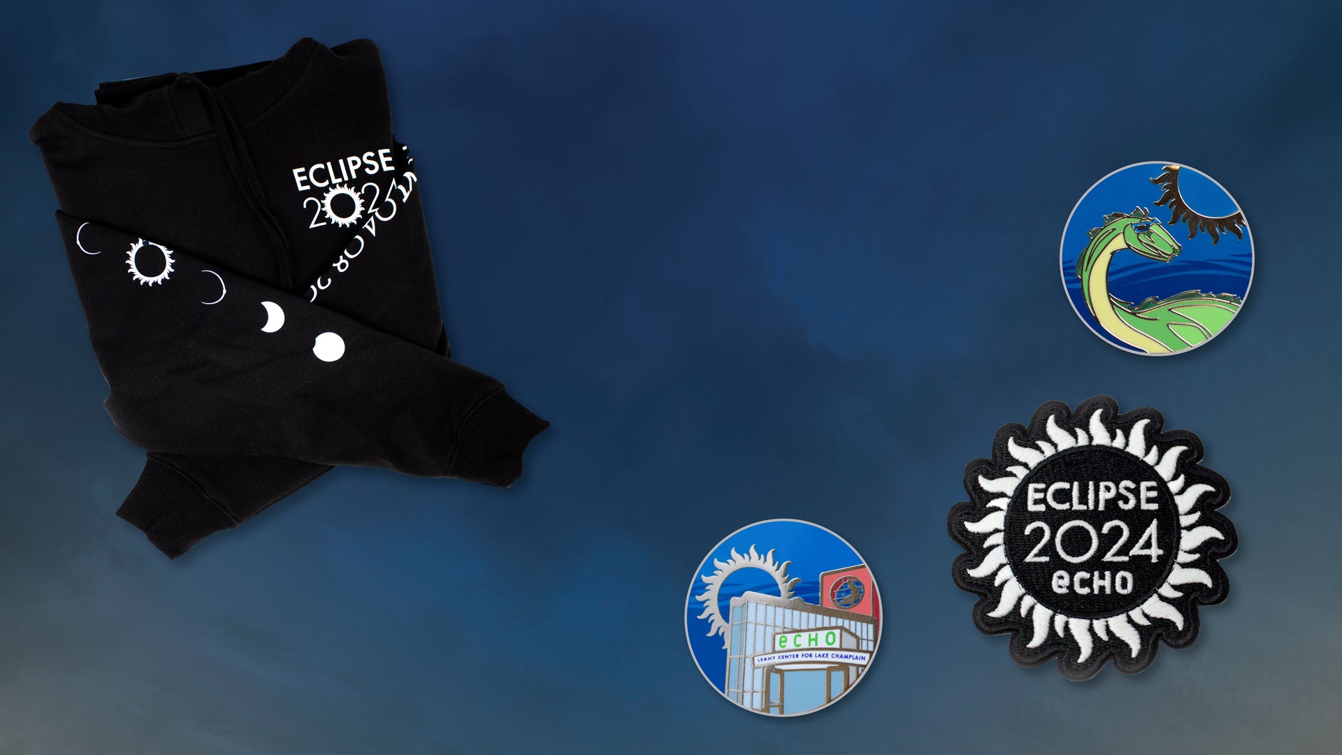 Eclipse sweatshirt, ECHO eclipse pin, Champ eclipse pin, Eclipse 2024 ECHO patch